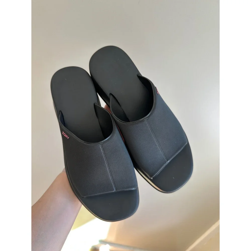 Zaxy Platform Slide Sandals Womens Size 8 Black EUC Minimalist Y2K Chunky Sole